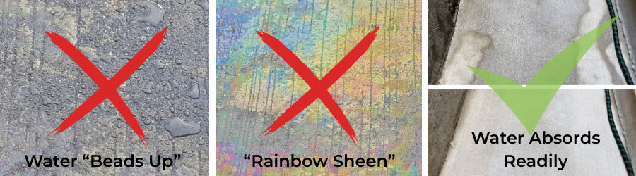 Three-part image illustrating concrete water absorption tests. Left section: water beads up on concrete with a red X indicating unsuitable for staining. Middle section: rainbow sheen on concrete with a red X, marking it as not ready for staining. Right section: water absorbing into concrete, highlighted by a green check mark, showing it is ready for staining.