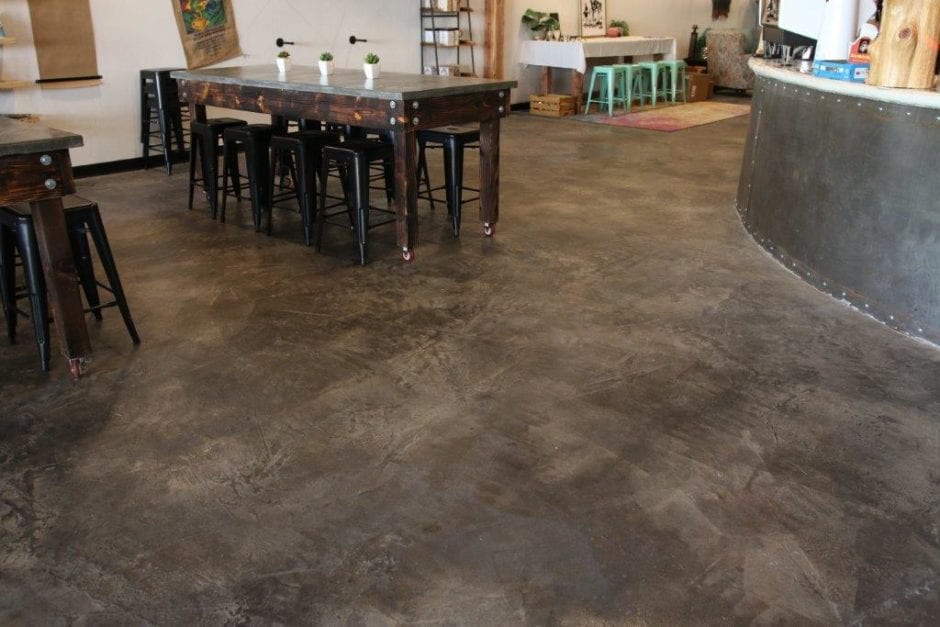 Coffee N' Crafts Concrete stained and sealed floor with tinted concrete sealer