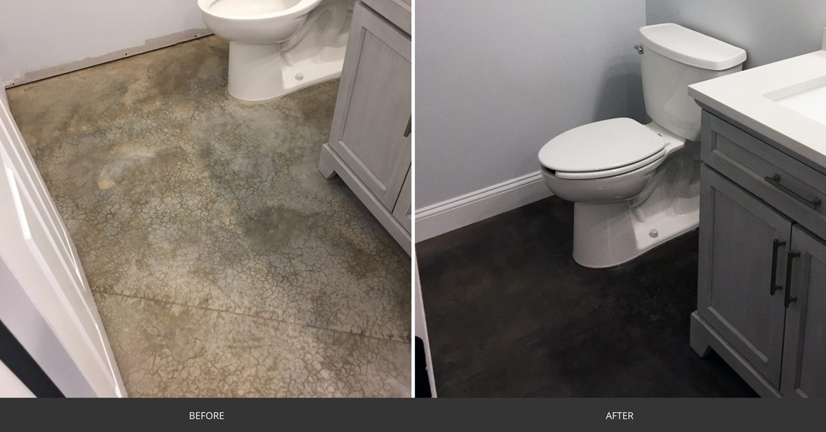 A sophisticated finish: a concrete bathroom floor stained with charcoal AcquaTint tinted sealer