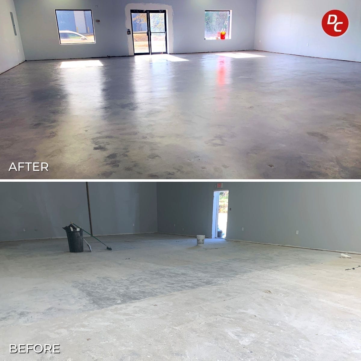 Concrete flooring in a business before and after concrete acid stain and sealer were applied.