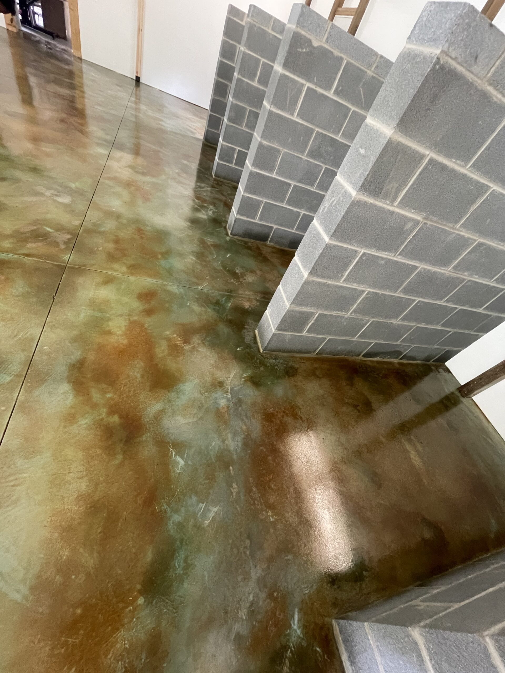 A vibrant green marbleized floor surrounding the designated stall areas for dogs