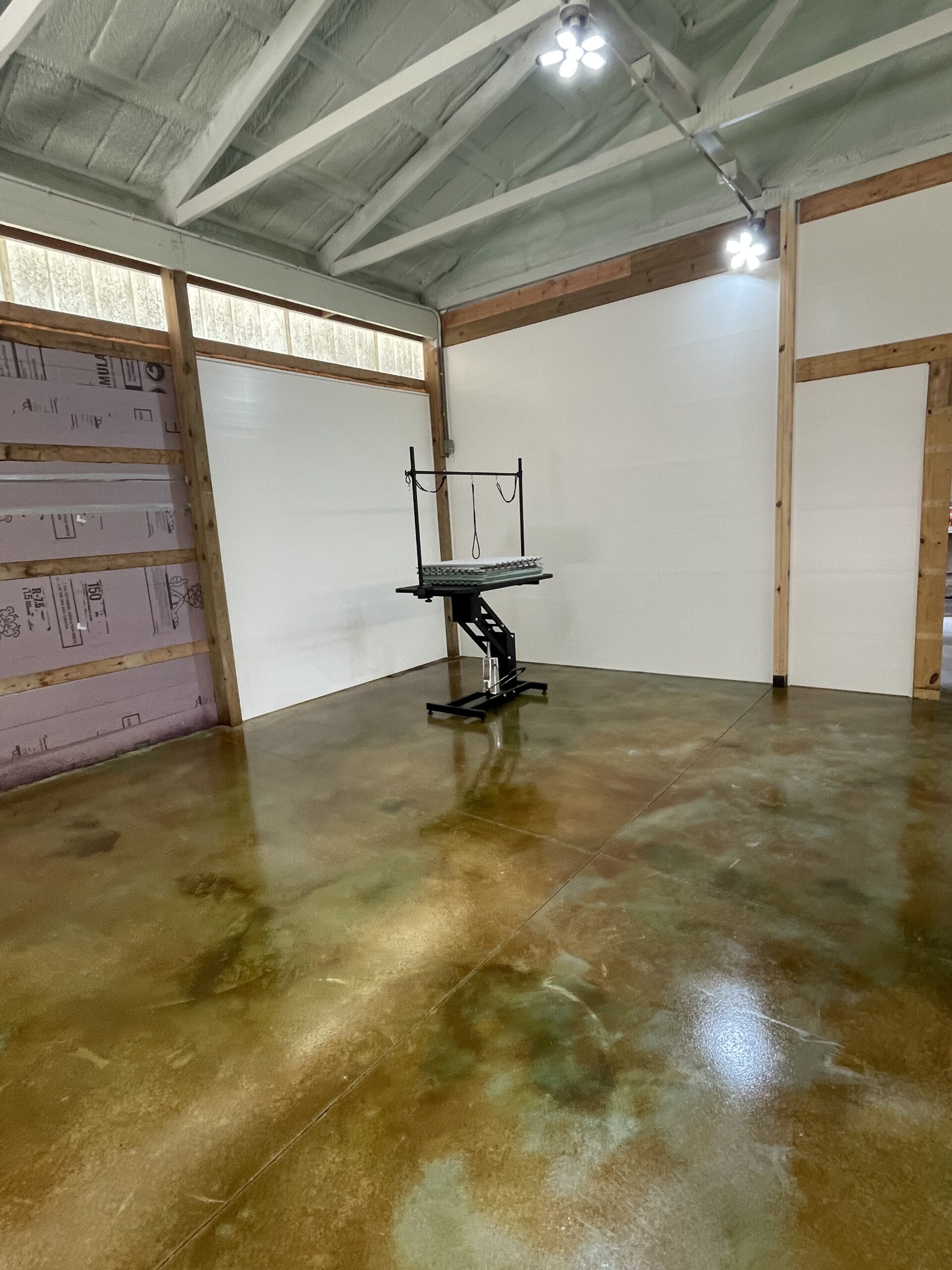 The polished green marbleized flooring extending into the grooming area of the facility