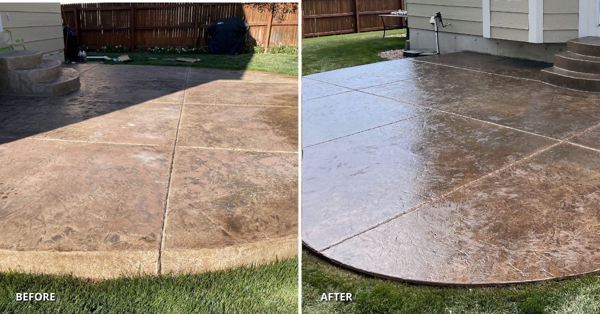 A before and after of restoring a worn and faded stamped concrete patio with Driftwood Antiquing Stain and EasySeal