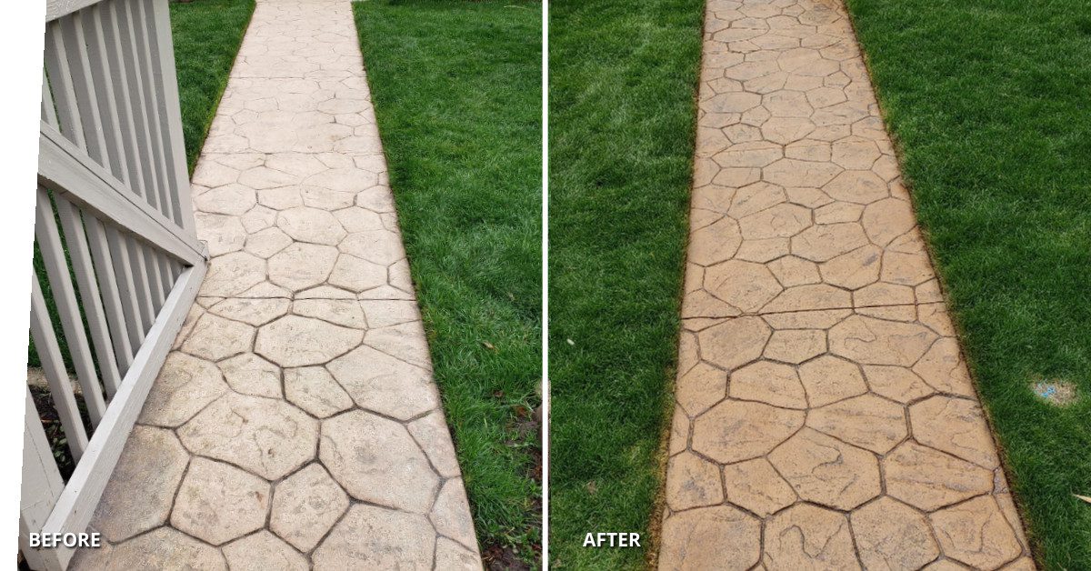 Before and after image of a faded stamped concrete walkway being restored with cumin Antiquing stains to bring back its original color