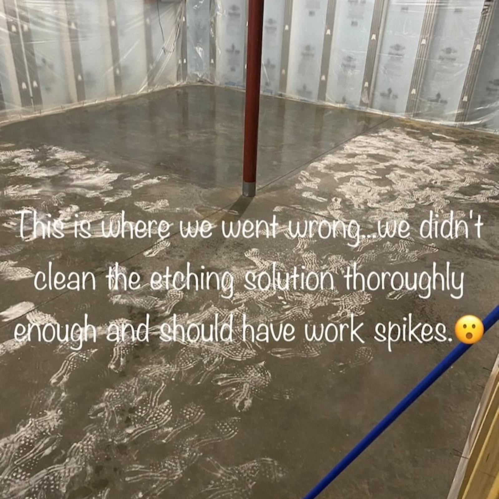 Footprints permanently etched into concrete floor after improper cleaning