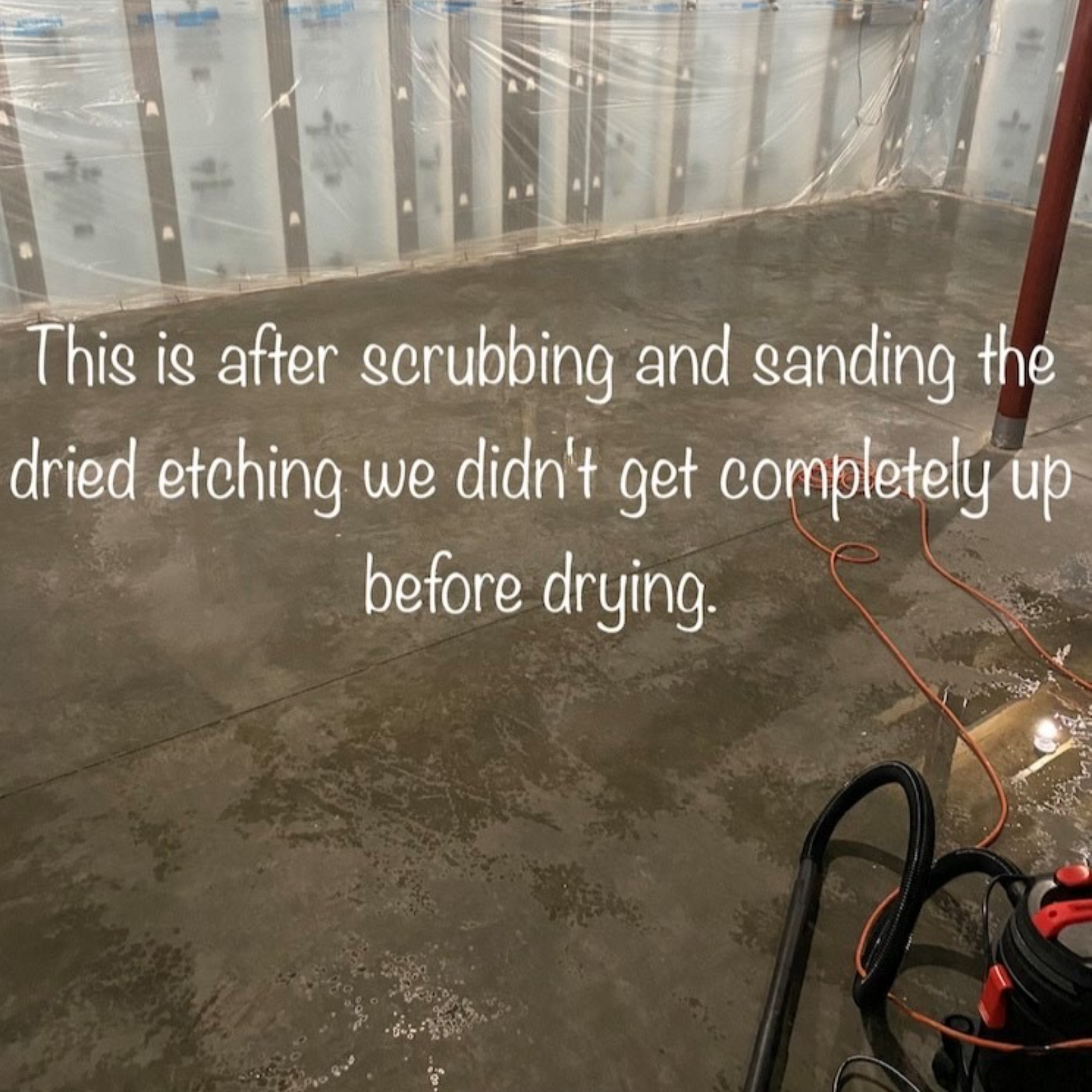 Concrete floor after scrubbing and sanding etched footprints