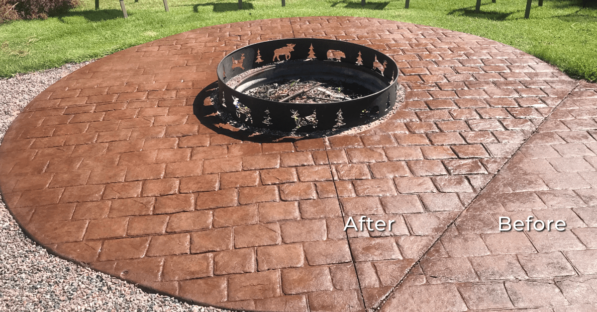 Apron patio treated with EasySeal™ Gloss next to untreated, dull main patio