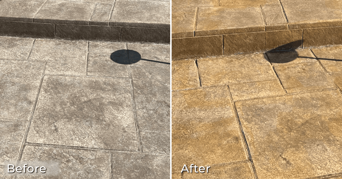 Before-and-after photo of a dull stamped concrete patio rejuvenated with Tweed EasyTint™
