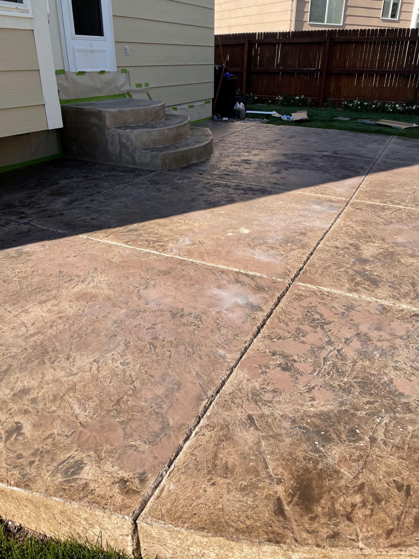 Weather-damaged concrete patio