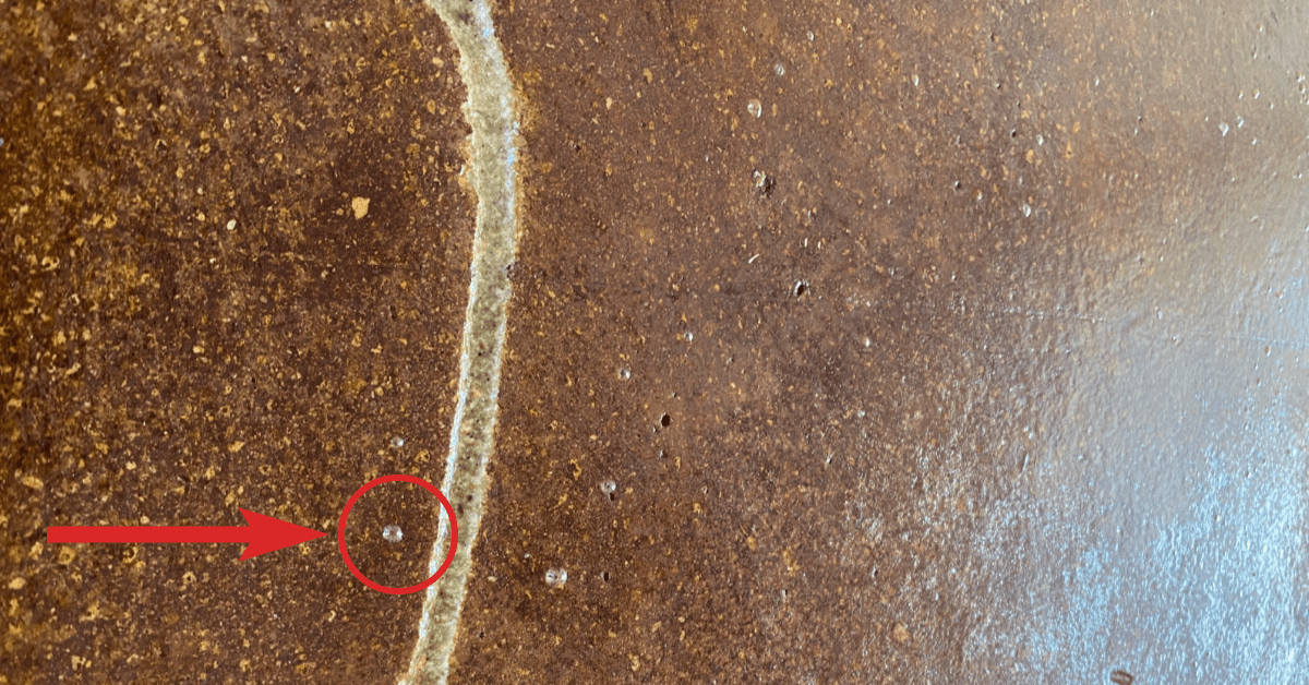 Sealed patio concrete floor with a circled example of bubble formation in the acrylic sealer.