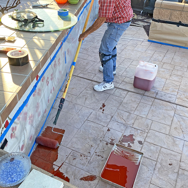 Crimson Antiquing Stain Application Stamped Concrete Patio