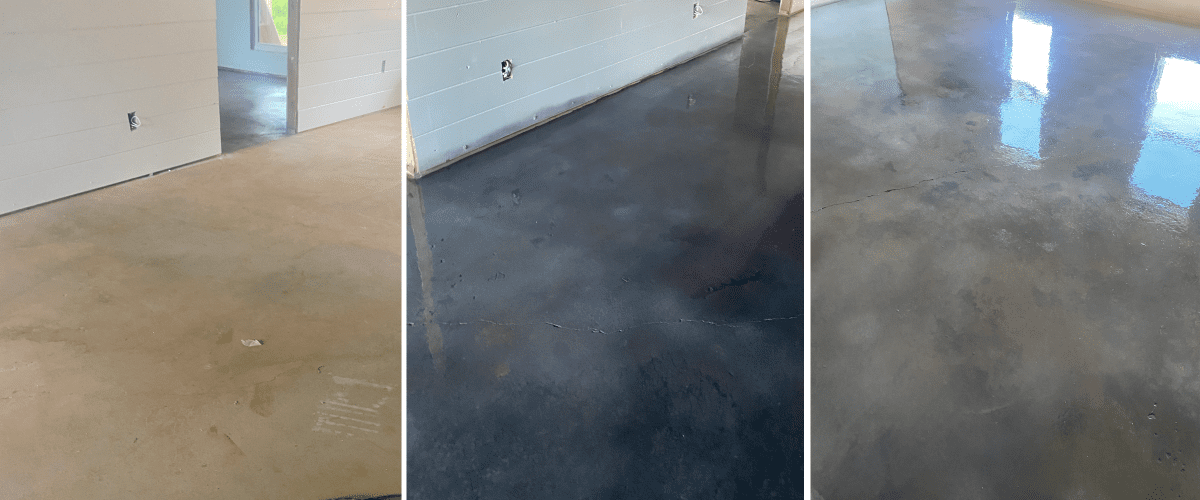 A three-step transformation of a concrete floor: the first image shows the original yellow, dirty concrete; the second image shows the floor after the application of Vibrance Dye with a light slate base coat; the third image displays the finished gray floor with added charcoal and white highlights.