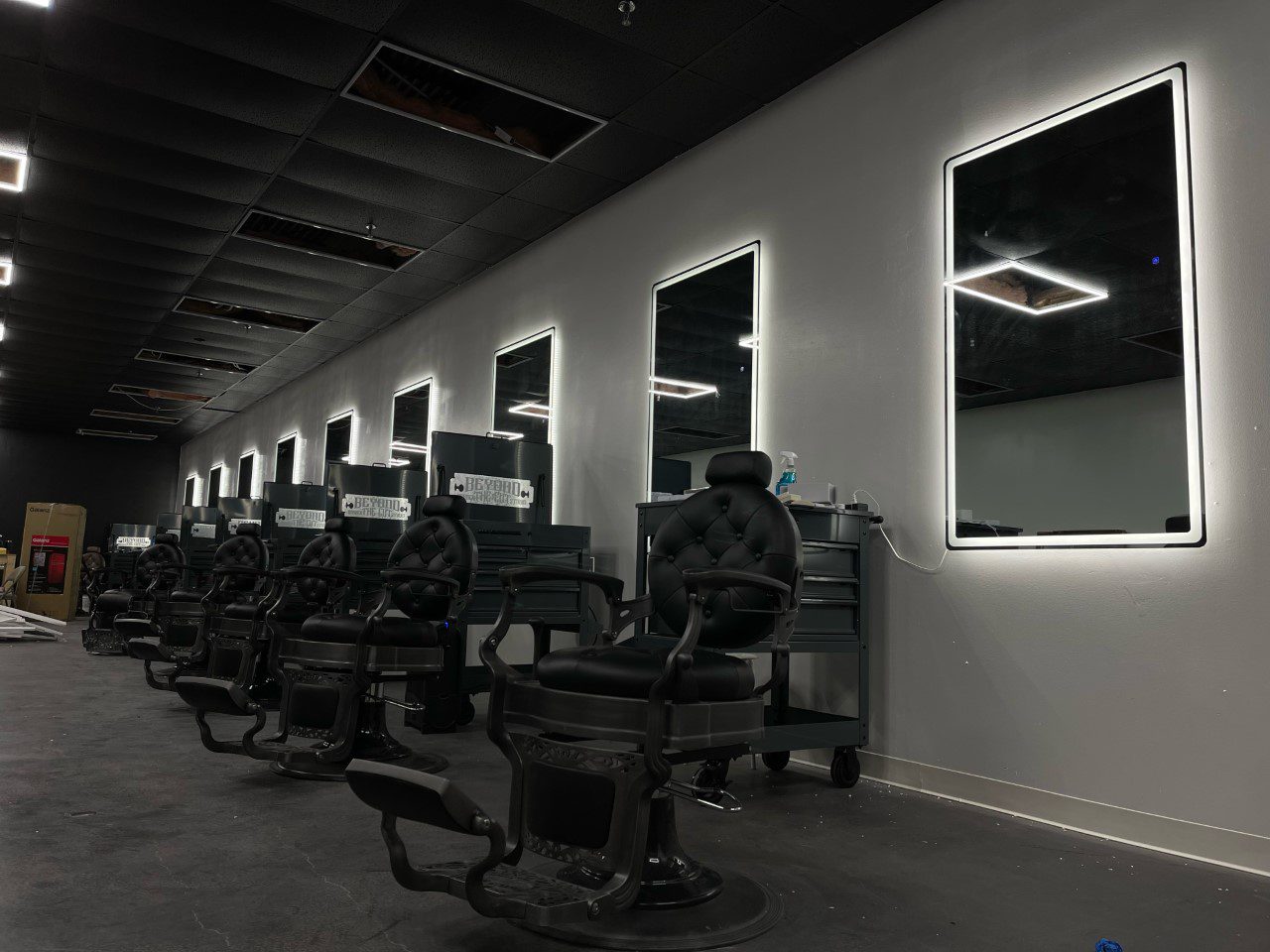 Finished, modern industrial-style barbershop