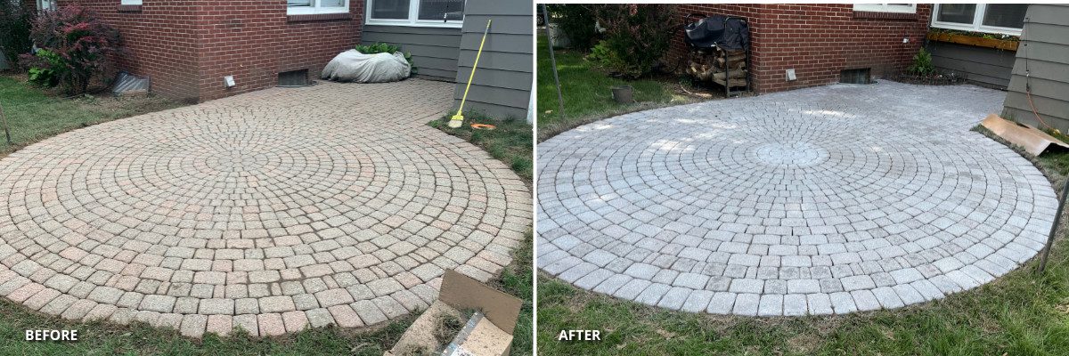 Side-by-side before and after images showing the transformation of a circular pink brick paver patio to a stylish whitewashed patio using Portico white stain.