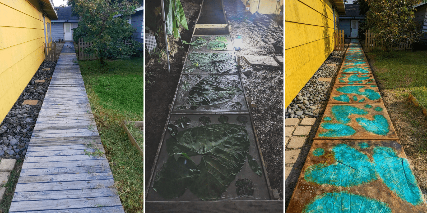 A three-stage transformation of a walkway, showing the original wooden boards, the process of stamping with large leaves, and the final stained concrete path in vibrant blues and reds