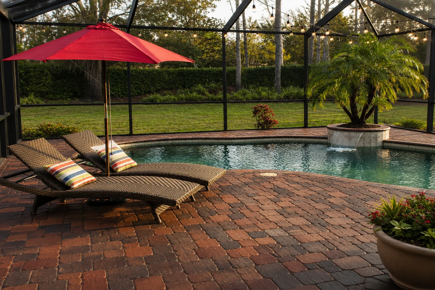 Paver Pool Deck stained using different Portico Colors to add style to old pavers.