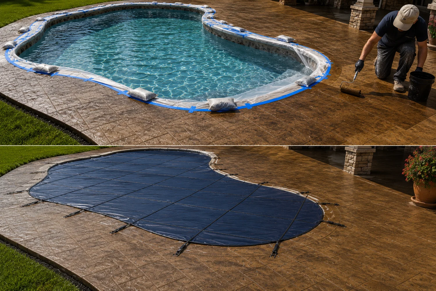 Examples on how to protect you pool before staining and sealing the pool deck.