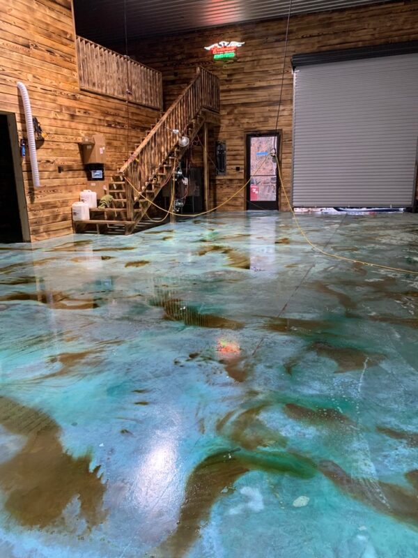 Azure Blue and Shifting Sand EverStain Acid Stained Garage Concrete Floor