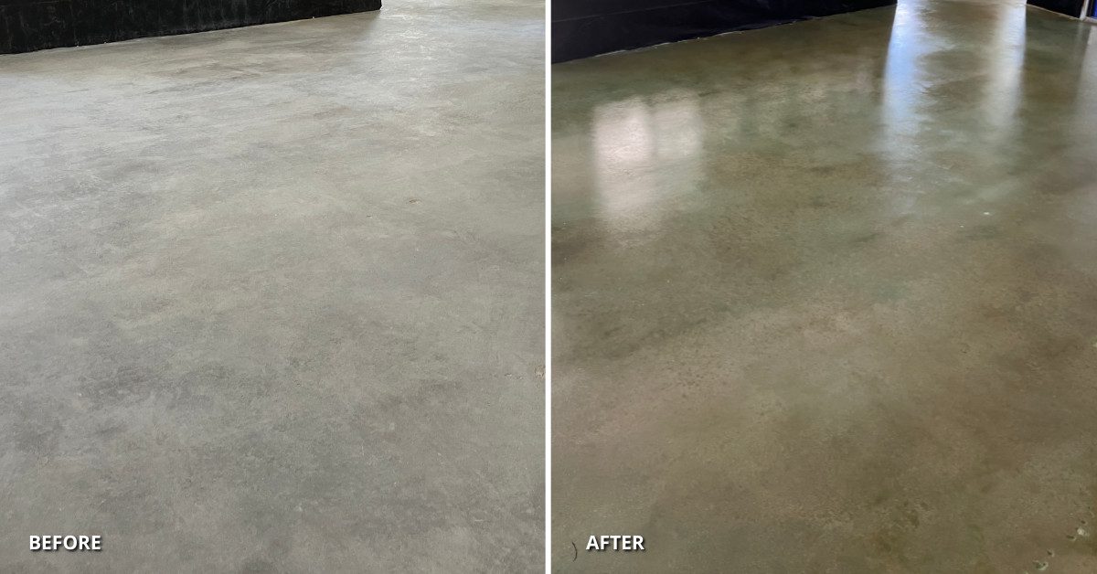 Before and after: plain concrete floor brought to life with a seagrass and black acid stain