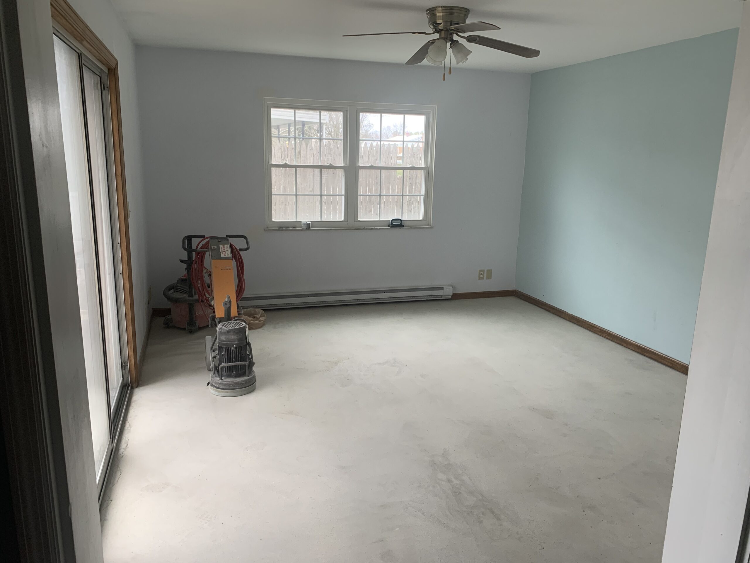 Raw concrete floor after grinding, ready for the application of acid stain