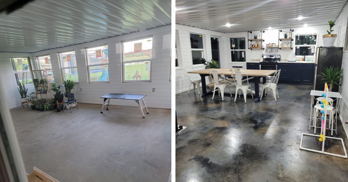 Before and after photos of stained concrete floor with water based ColorWave stains