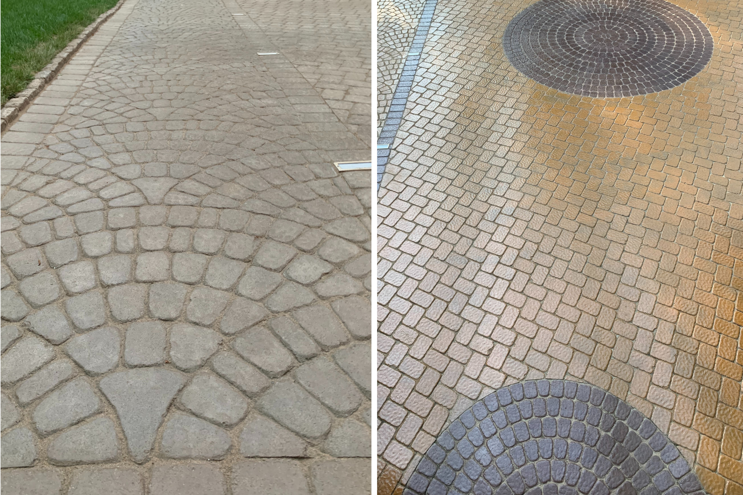Before and after transformation of faded brick paver driveway with Goldenrod and Aztec brown Portico stains