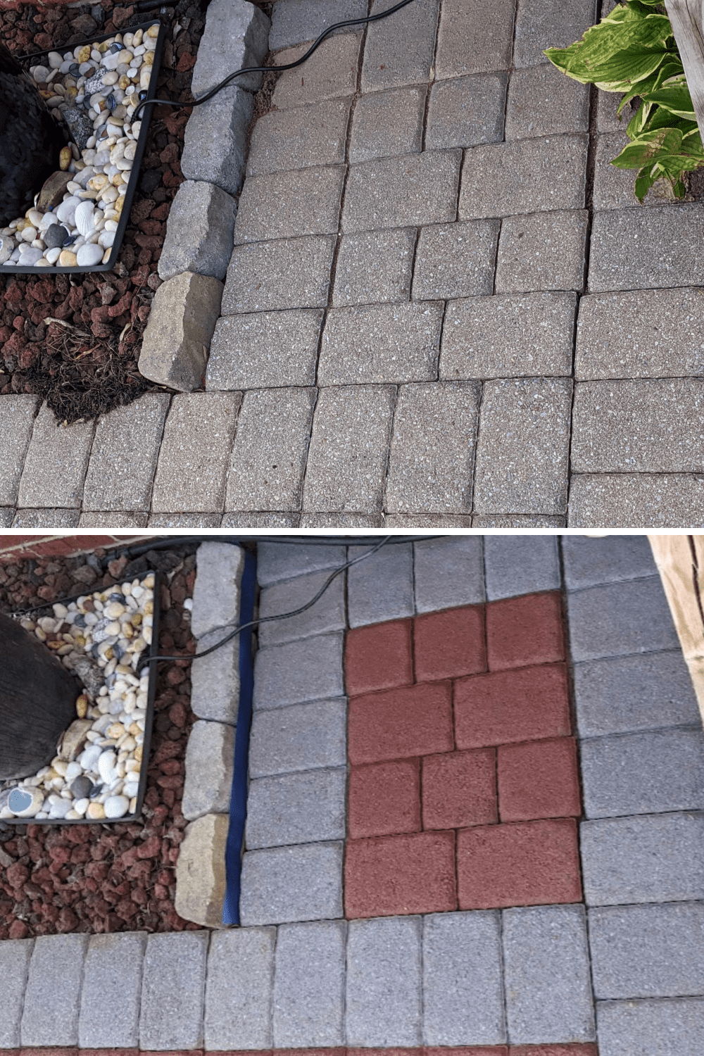 Two photos: first, pavers look old and colorless. Second, those pavers are now vivid crimson red and silver gray
