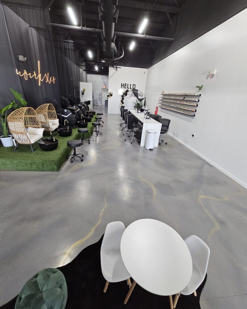 The finished product - a chic salon floor showcasing the synergy of Charcoal, Silver Gray and sparkling Mica highlights.