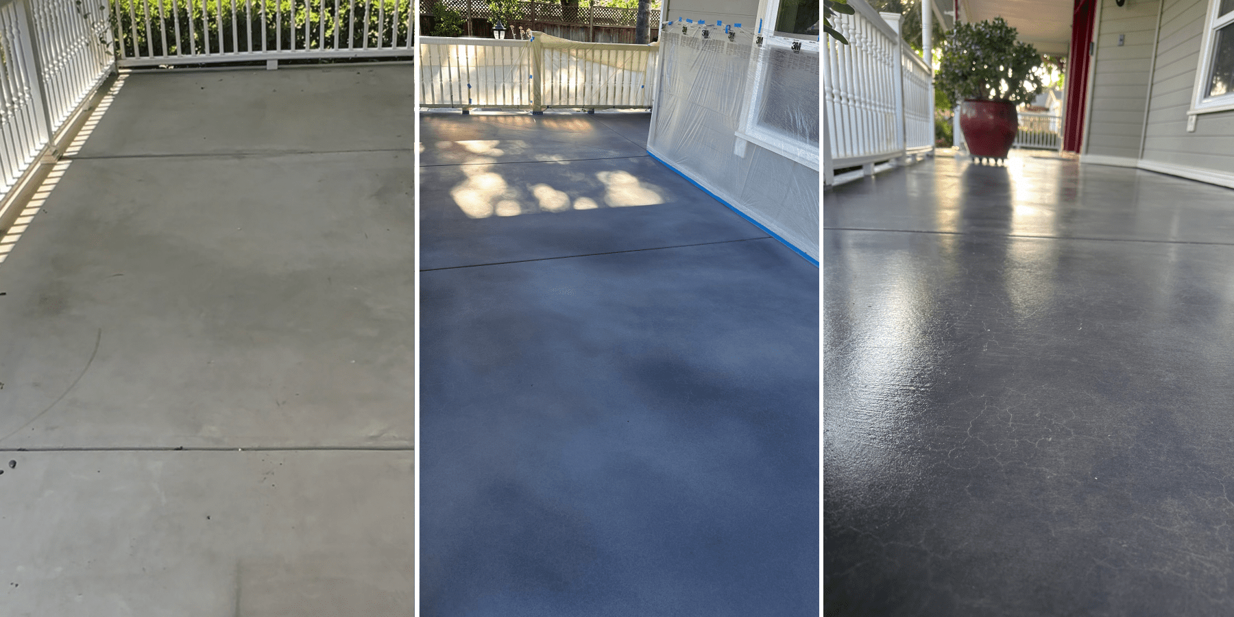 A sequence of a front porch undergoing a makeover: starting with plain concrete, then mid-process with a light charcoal and silver-gray stain, and ending with a rich, antiqued finish