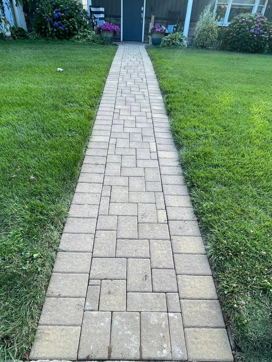 Before renovation: Old paver walkway before cleaning and releveling.