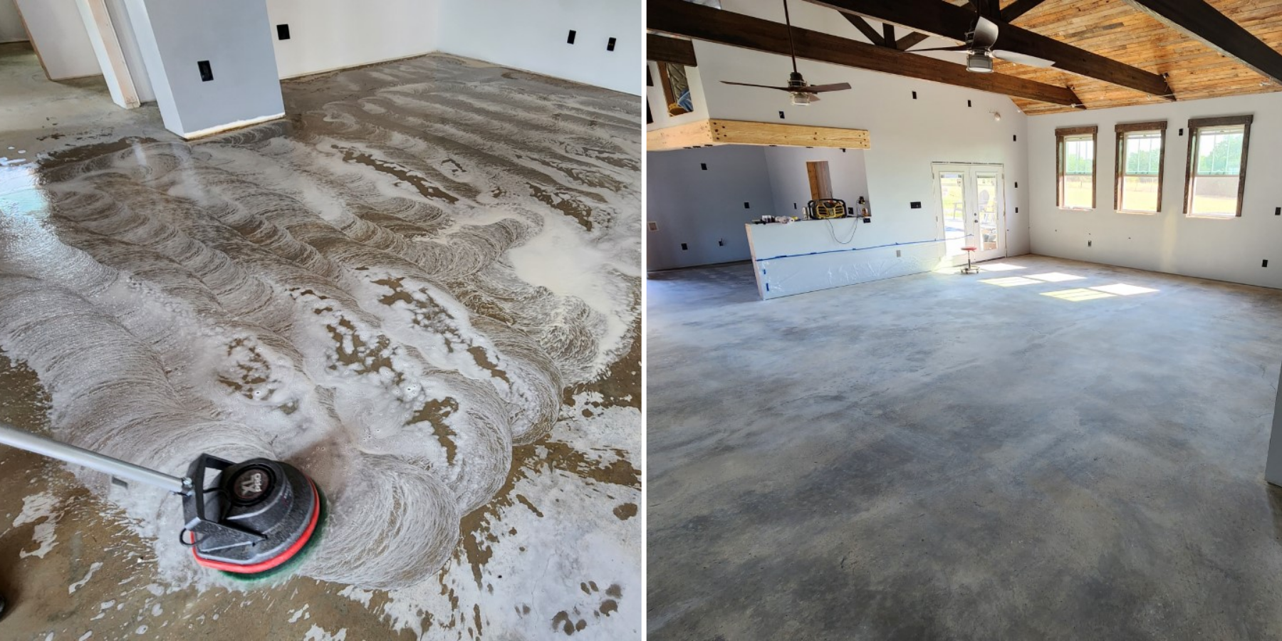 Side-by-side image showing the concrete surface cleaning process — one side with a floor scrubber and foamy cleaner, and the other showing a clean, dry, and prepped concrete floor ready for acid staining