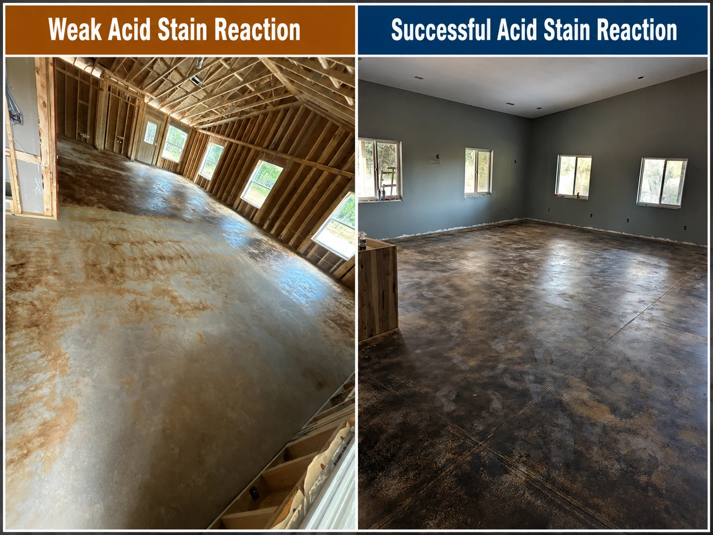 Weak acid stain reaction compared with successful acid stain reaction on concrete, showing why testing concrete before staining is important.