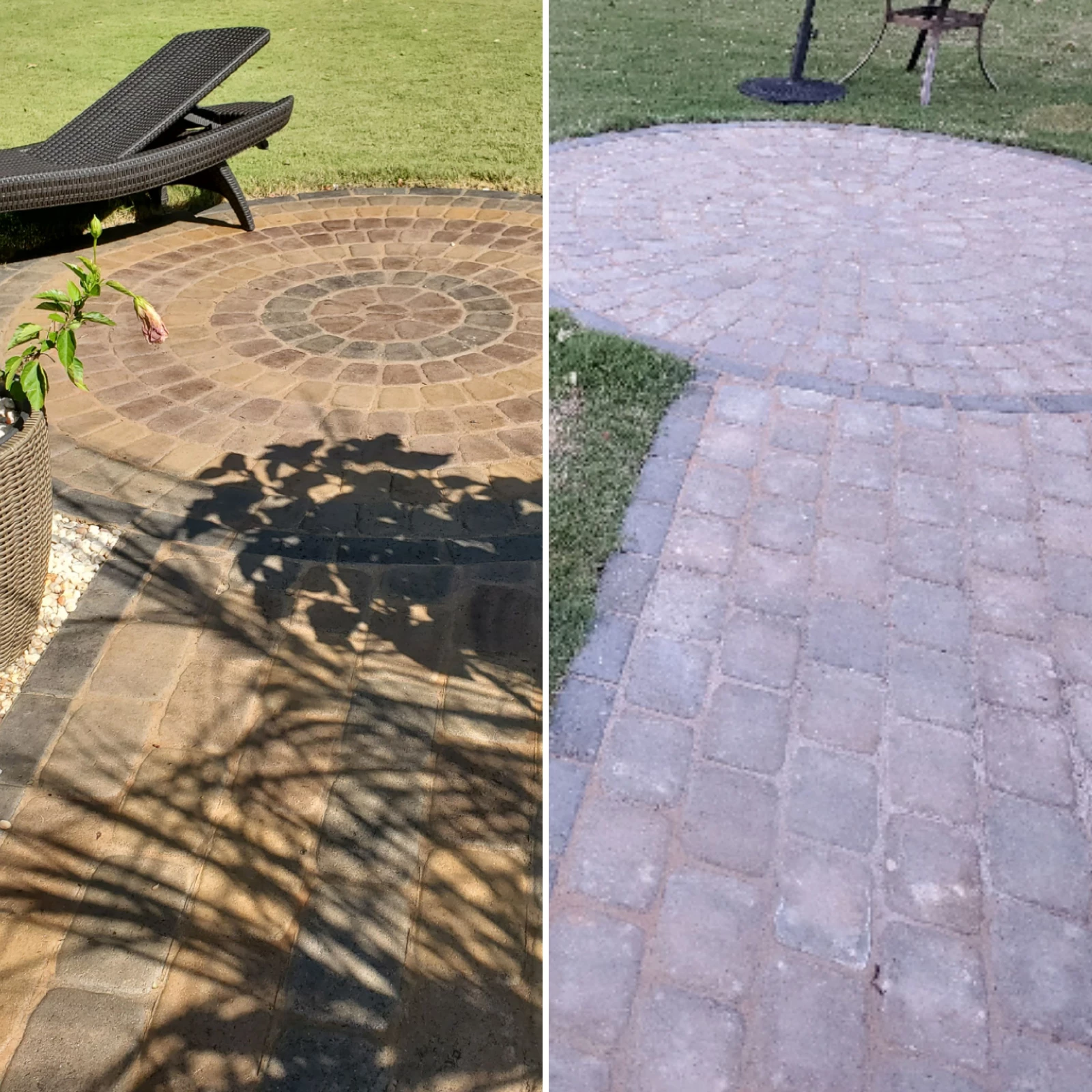 Side-by-side before and after photos of a paver patio showing dramatic color improvement using Direct Colors products.