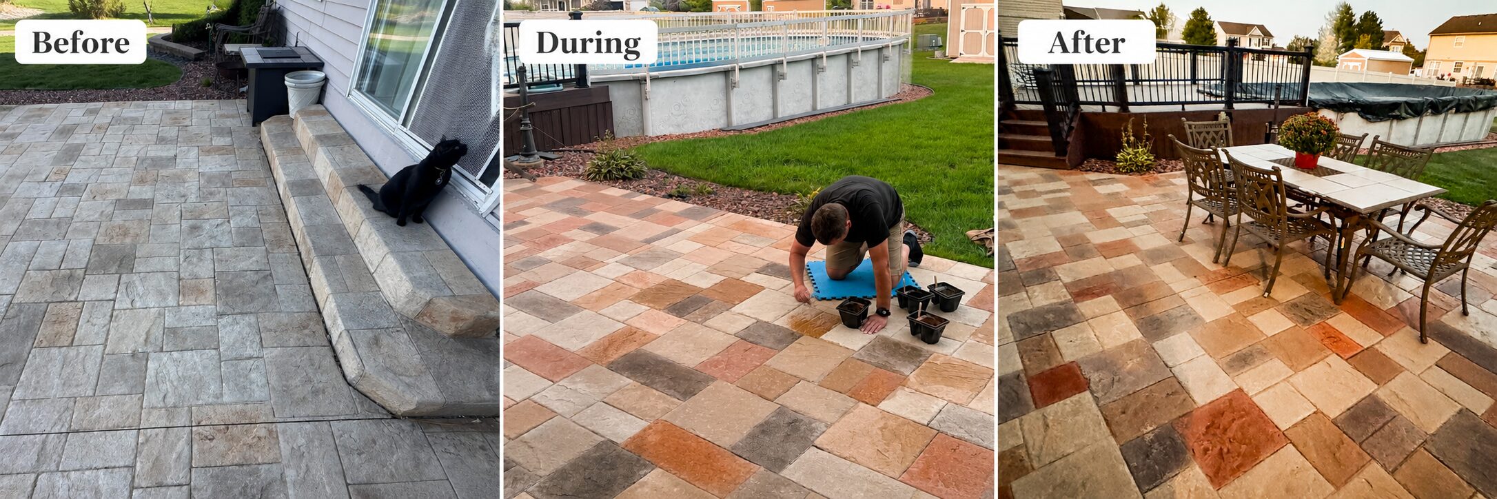 Before, during, and after stamped concrete patio makeover using Antiquing stains to create a multicolor paver-style finish.