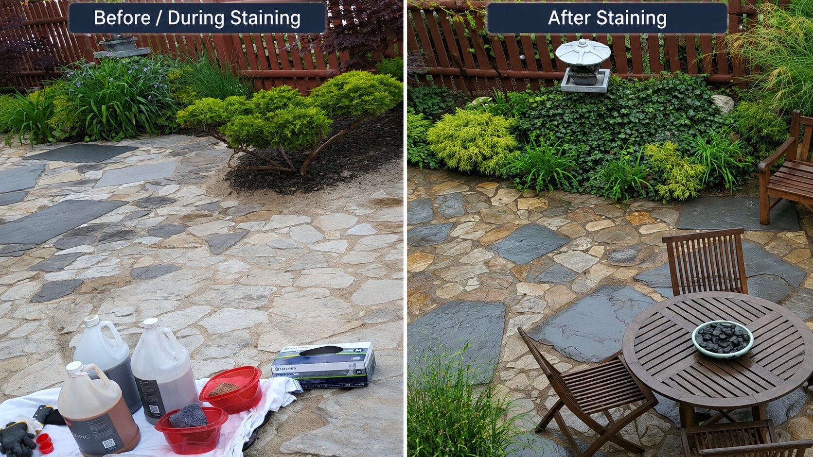 Concrete patio stones being hand-stained with gray and charcoal concrete stains for a slate-look patio.