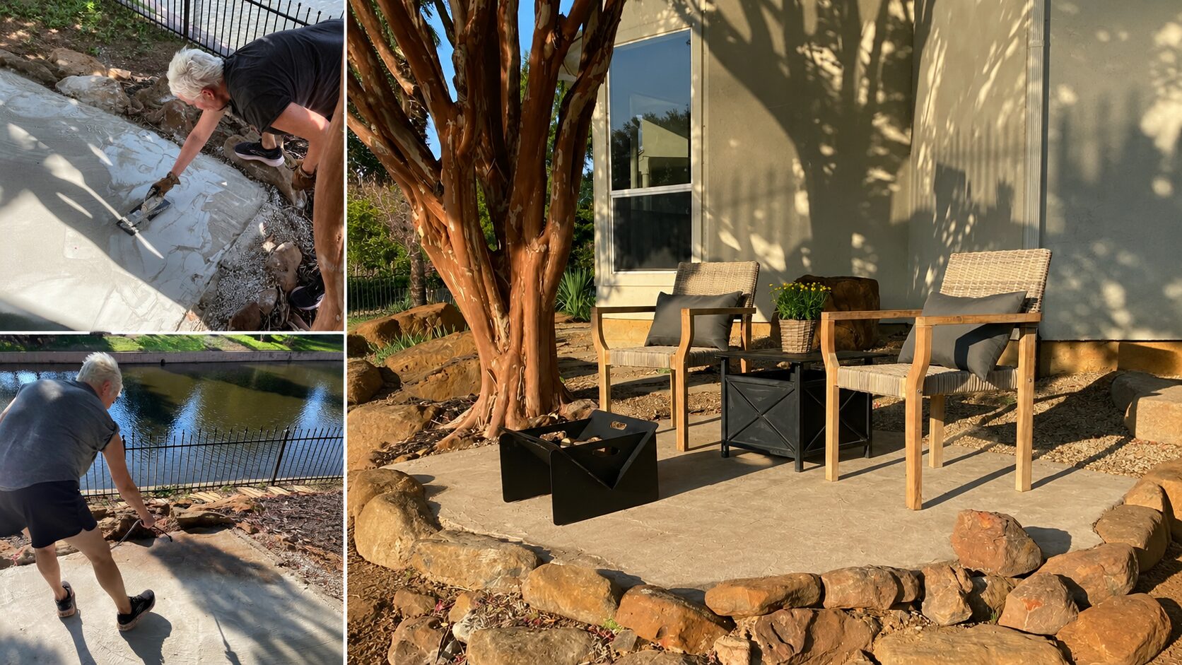 Customer pouring and staining a small concrete patio extension with Cafe Royale Antiquing Stain for a cozy outdoor seating area.