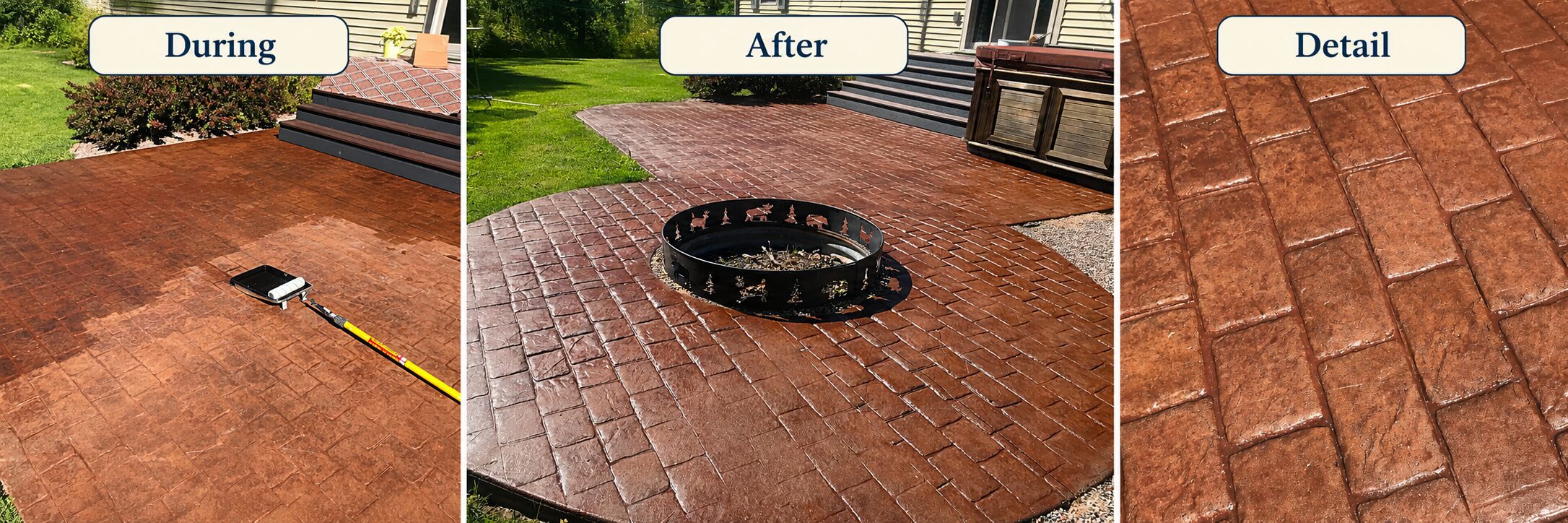 Before, during, and after comparison of a faded stamped concrete patio being refreshed with sealer, showing the original worn surface, sealer being rolled on, and the finished patio with richer color around a fire pit.