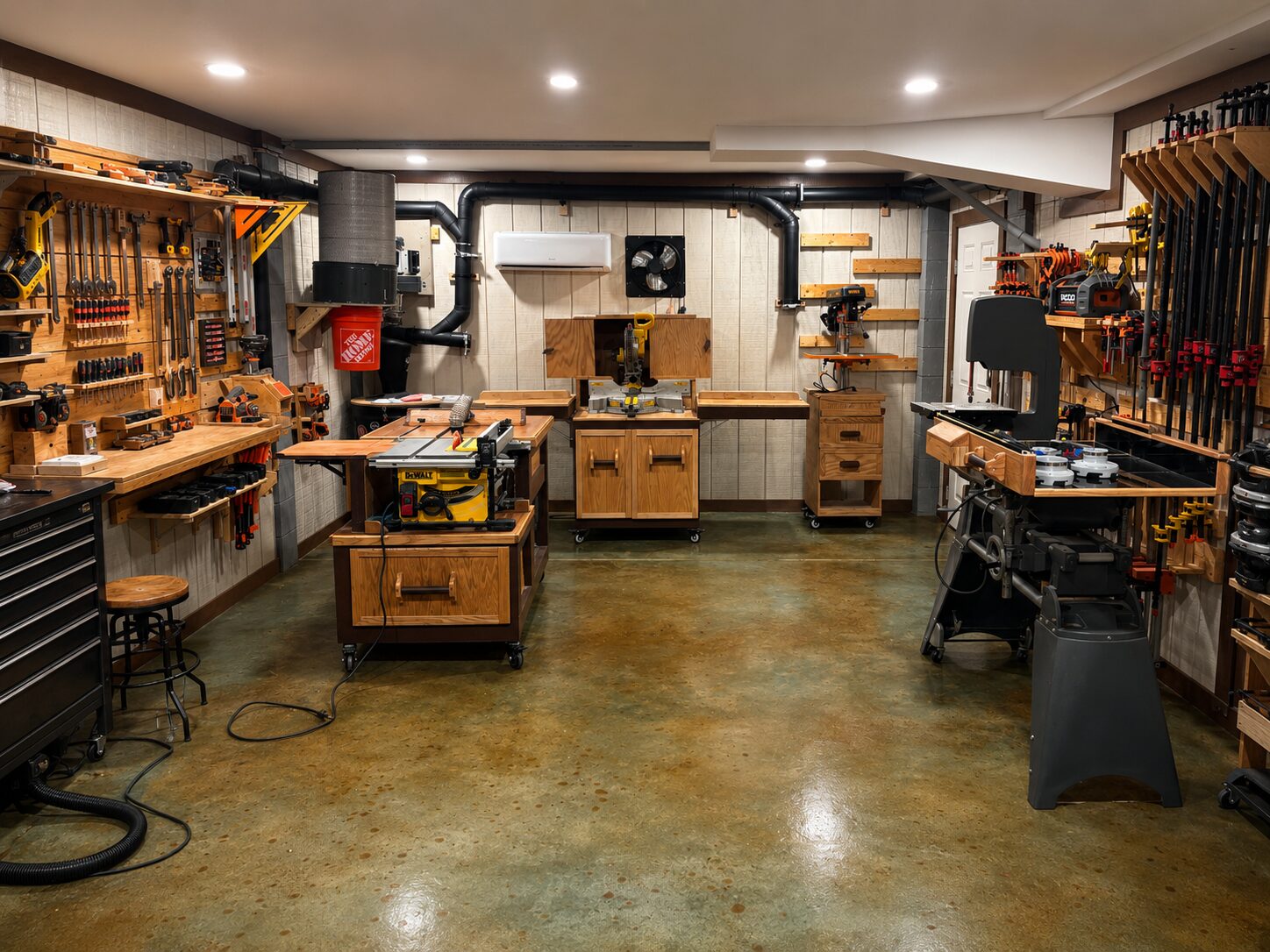 Woodworking shop with EverStain Malayan Buff, Avocado, Coffee Brown, and Seagrass acid-stained concrete floor sealed with EasySeal Gloss.