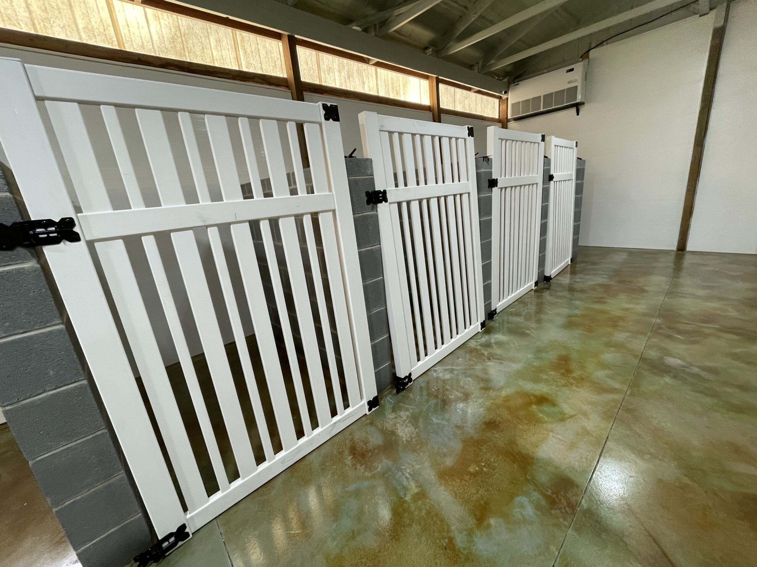 Dog stall area with EverStain Avocado and Malayan Buff acid-stained concrete floor, showing a glossy green marbleized finish beside white stall gates.