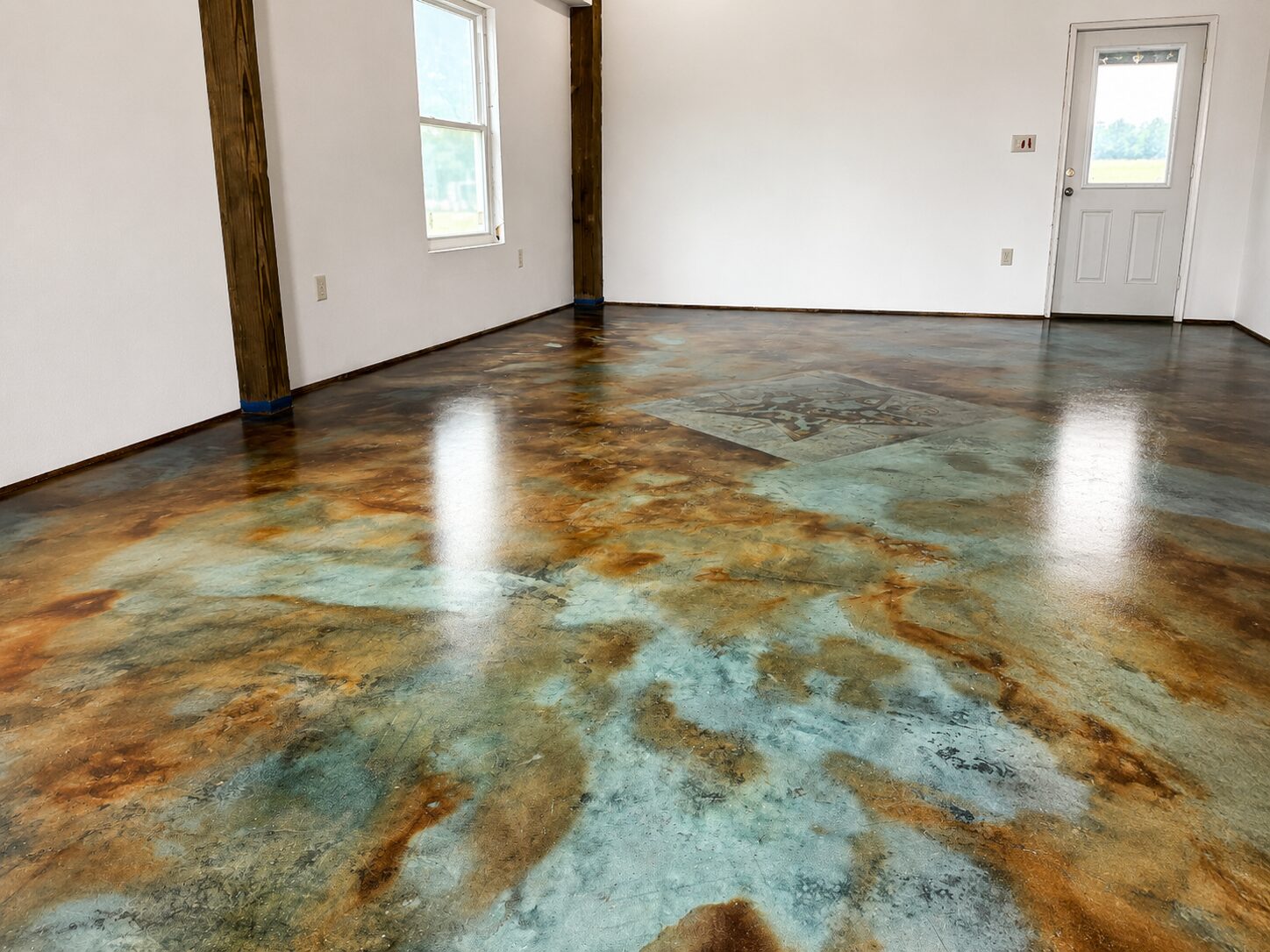 Residential interior with EverStain Coffee Brown, Malayan Buff, and Seagrass acid-stained concrete floor, showing a glossy blue-green and brown mottled finish.