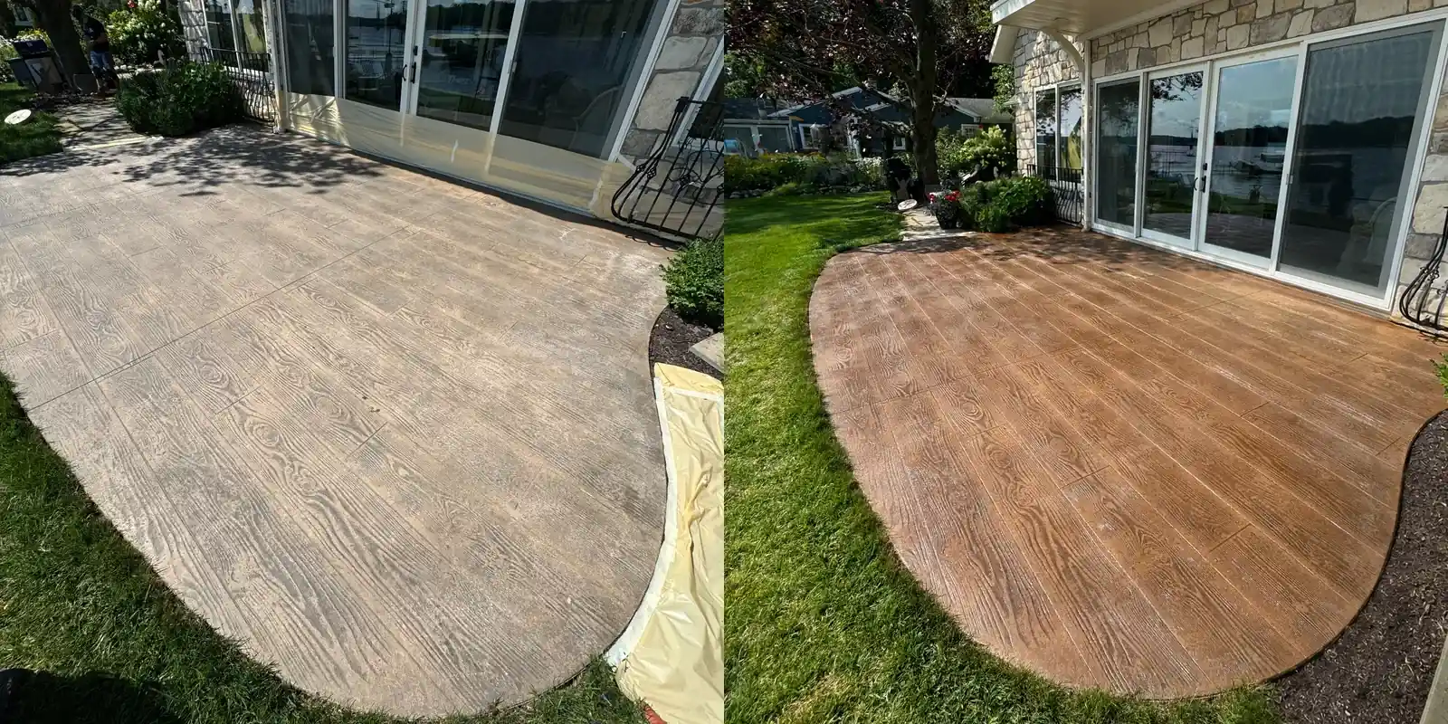 Wood-plank stamped concrete patio before and after staining with Driftwood stain, changing it from faded light gray-tan to warm driftwood brown